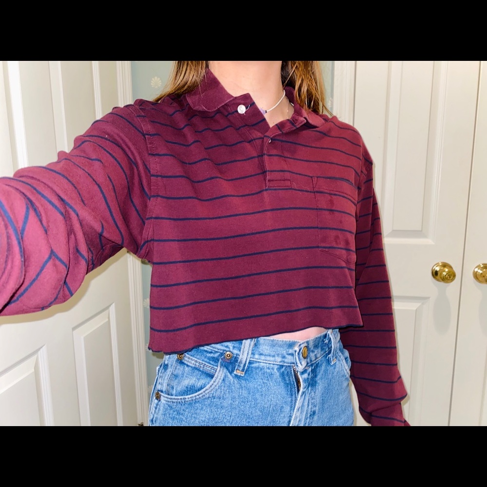 Cropped striped long sleeve polo in maroon & navy